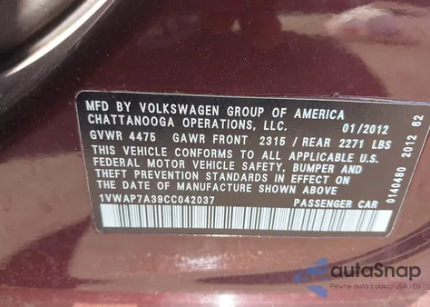 2012 Volkswagen Passat 2.5L S z USA, uszkodzony, nr VIN 1VWAP7A39CC042037